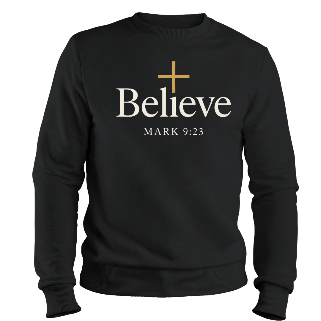 Believe — Mark 9:23 black crewneck with gold cross
