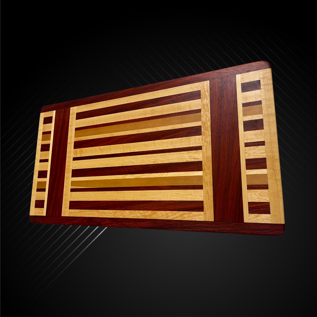 Artisan hardwood cutting board with Padauk, Maple, Cherry, and Walnut