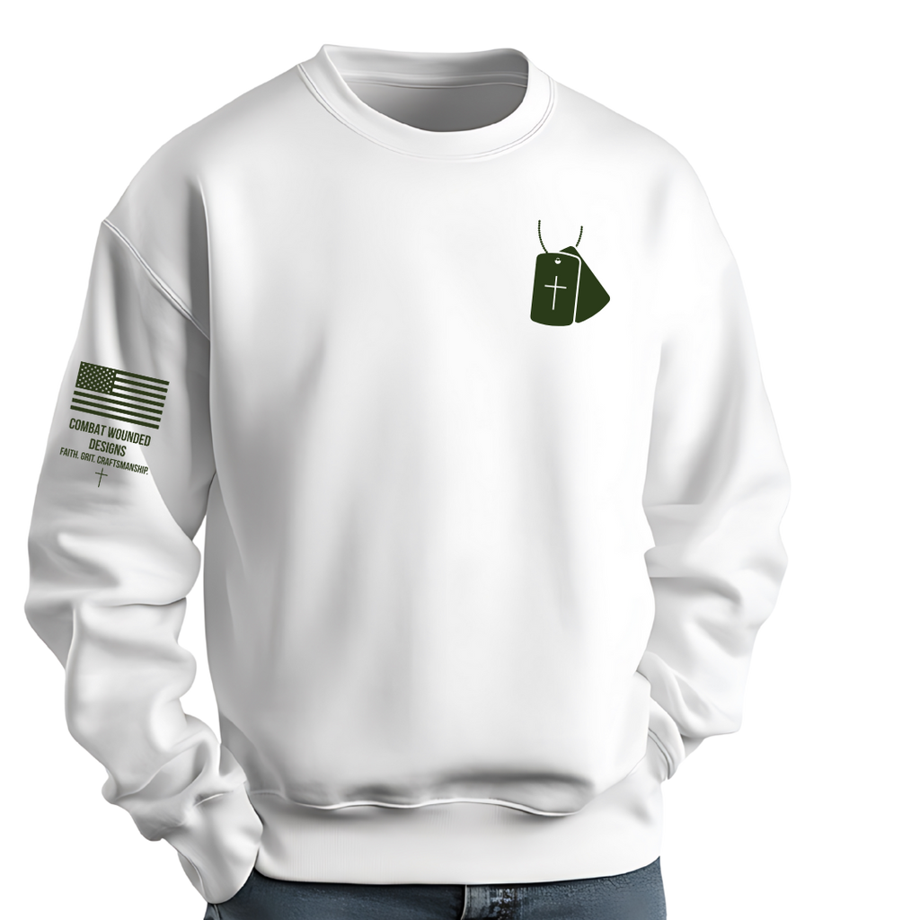 Faith. Grit. Battle-Tested. crewneck sweatshirt front with flag and dog tag emblem